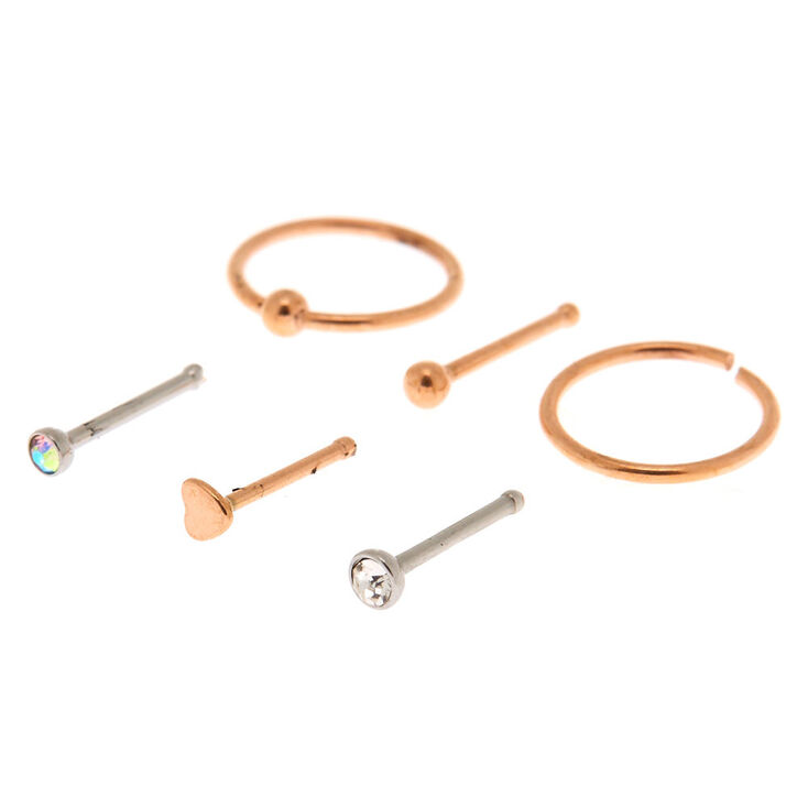 Mixed Metal 20G Heart Stud & Hoop Nose Rings - 6 Pack,