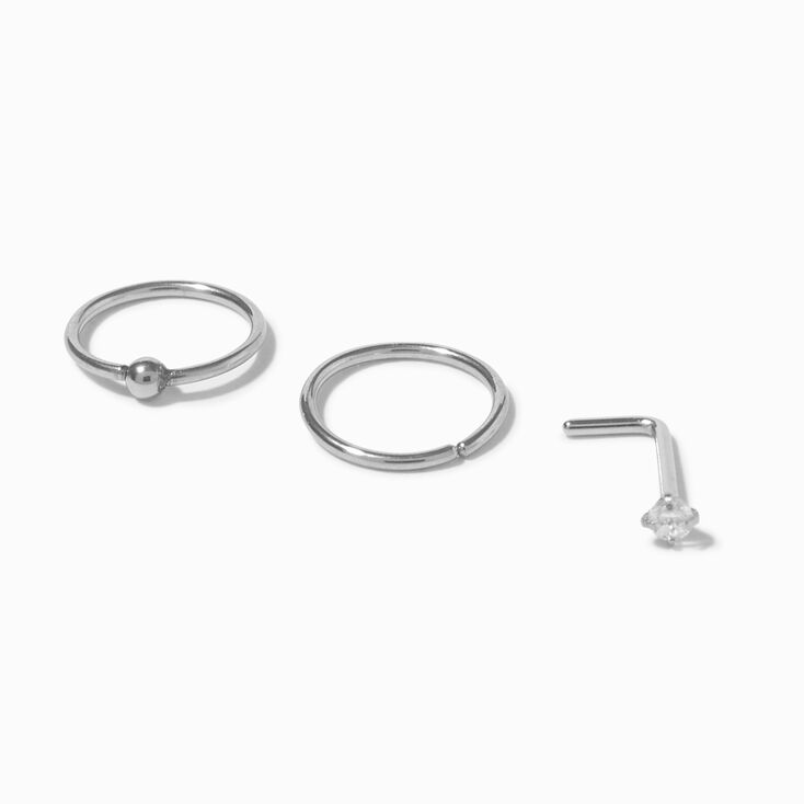Silver-tone Stainless Steel 20G Nose Stud &amp; Hoops - 3 Pack,