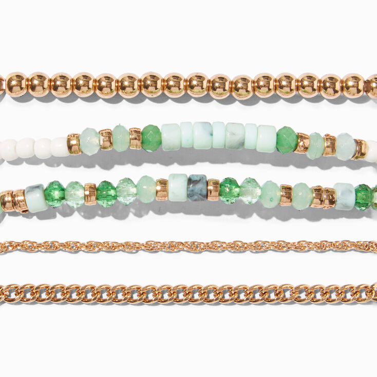 Green &amp; Gold Beaded Chain Bracelet Set - 5 Pack,