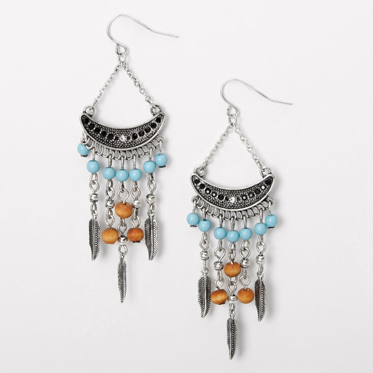 Silver 3" Boho Feather Beaded Chandelier Drop Earrings,