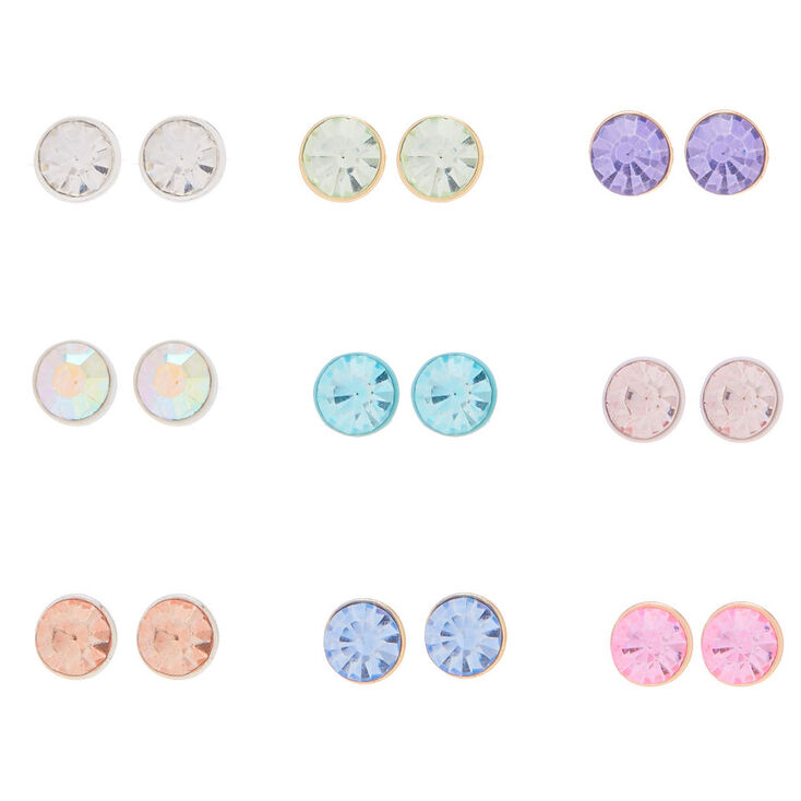 9 Pack 6MM Pastel Faux Crystal Stud Earrings,