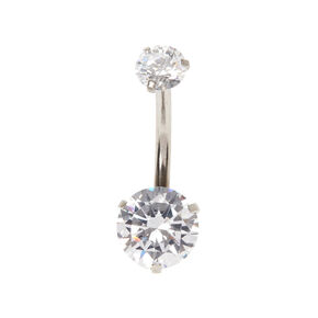 Silver 14G Round Cubic Zirconia Belly Ring,
