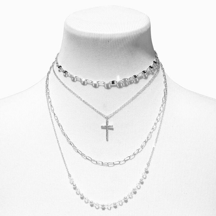 Silver Crystal Cross Pearl Multi-Strand Necklace,