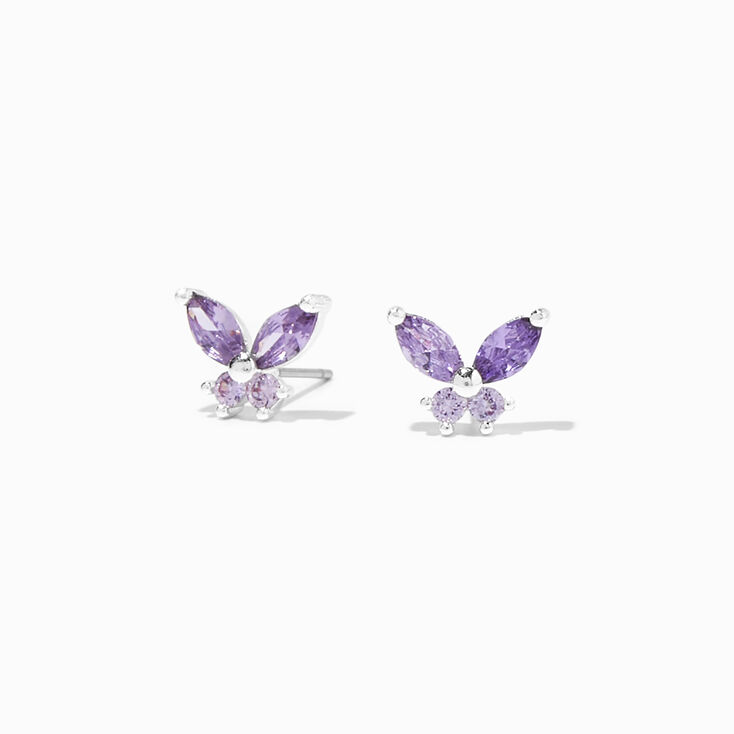 Purple Cubic Zirconia Silver Butterfly Stud Earrings,