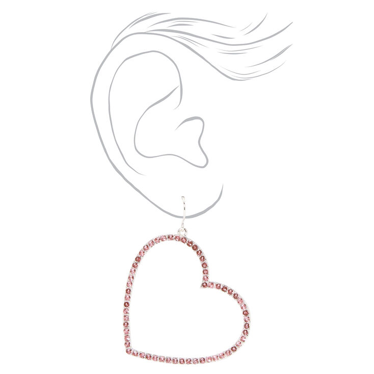 Silver 2&quot; Crystal Open Heart Drop Earrings - Pink,