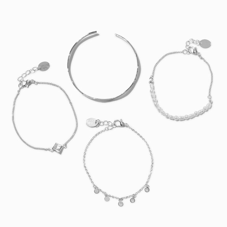 Silver Pearl Chain &amp; Wavy Cuff Bracelet Set - 4 Pack,