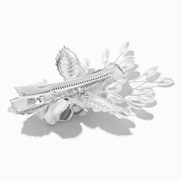 Matte Silver Pearl Floral Hair Barrette,