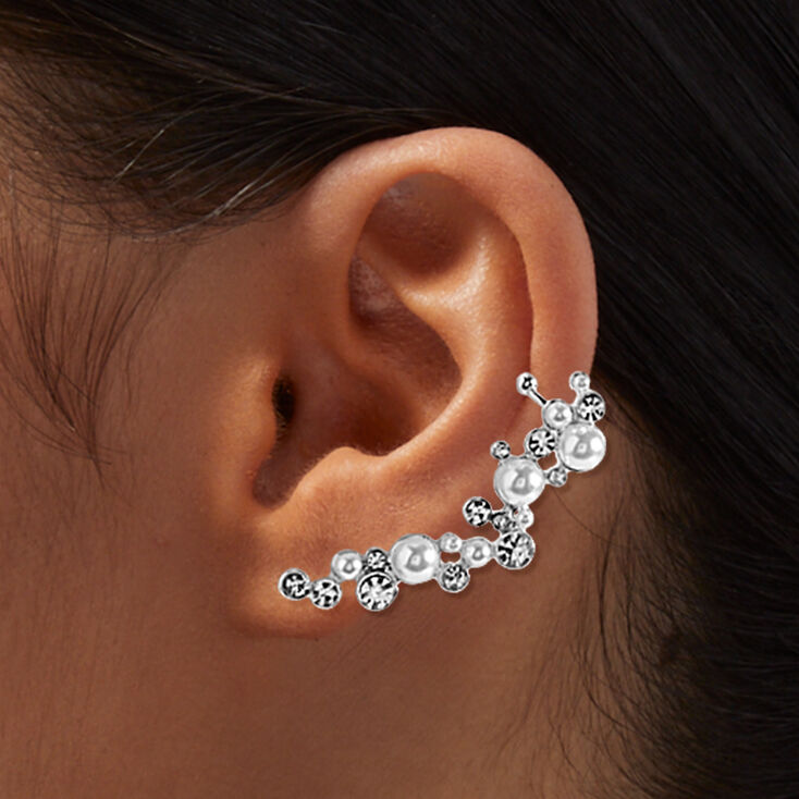 Pearl &amp; Crystal Silver-tone Ear Crawler Earring,