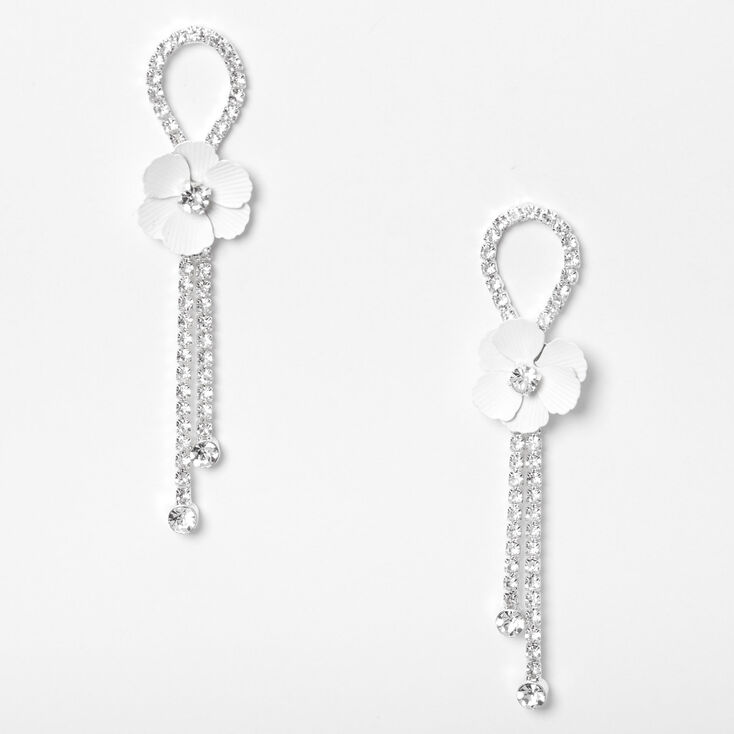 Silver 2.5" Rhinestone Looped Daisy Flower Drop Earrings - White,