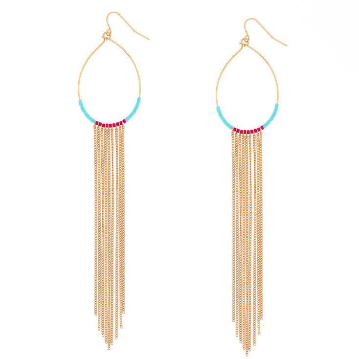Gold Tassel Beaded Oval Drop Earrings,