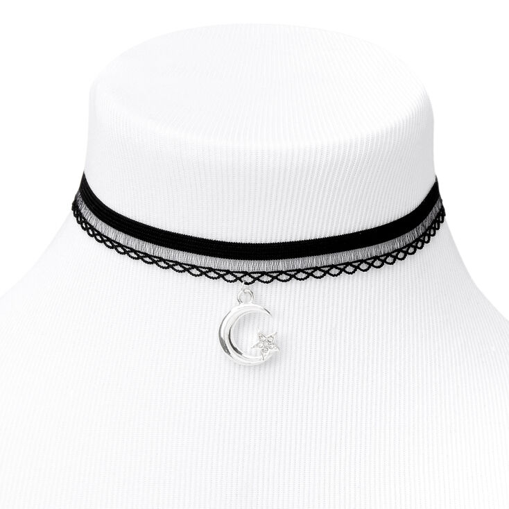Tilsvarende Brug af en computer lille Silver Crescent Moon Star Lace Choker Necklace - Black | Icing US