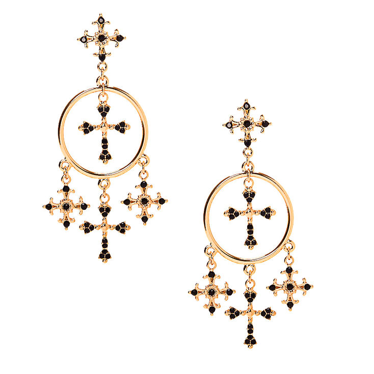 Gold 2.5" Cross Drop Earrings - Black,