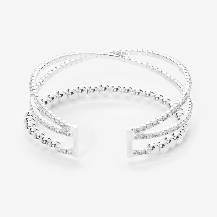 Silver Rhinestone Criss Cross &amp; Bead Cuff Bracelet,