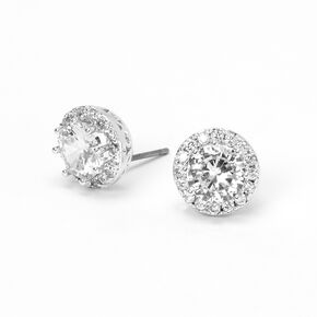 Silver Round Cubic Zirconia Halo Stud Earrings,
