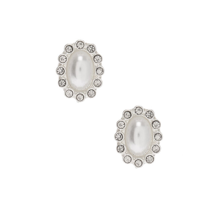 Silver Oval Pearl Stud Earrings,