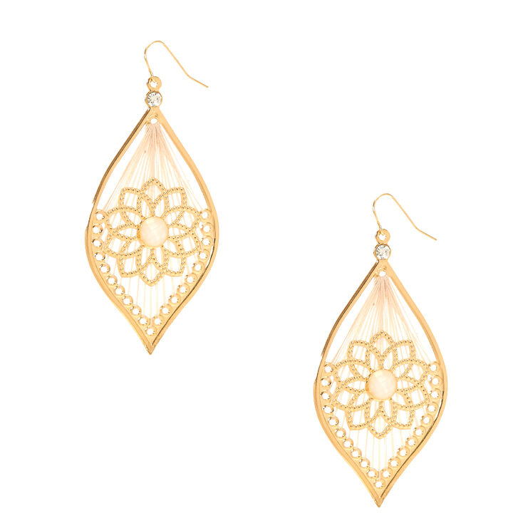 Gold Tone Floral & Ivory Yarn Dreamcatcher Drop Earrings,