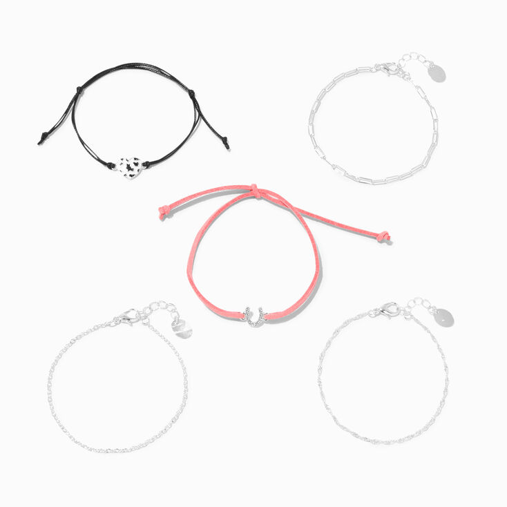 Silver Cowprint Heart Cowgirl Chain Bracelets - 5 Pack,