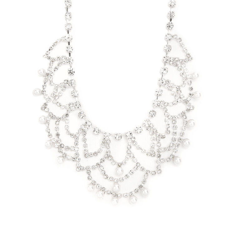 Rhinestone Swag & Pearl Dangle Statement Necklace,