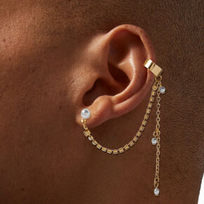 Gold Crystal &amp; Pearl Cuff Connector Earrings,