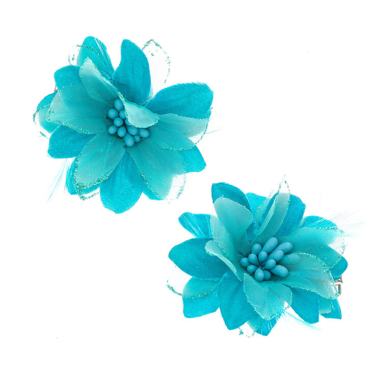 Blue Lily with Feathers Flower Hair Clips,