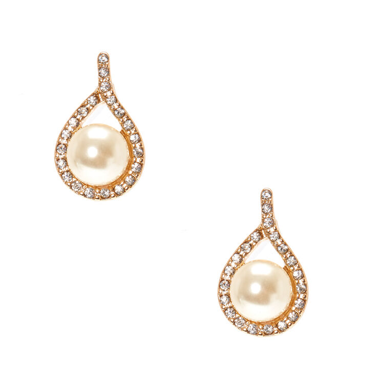 Ivory Faux Pearl Gold Tone Teardrop Framed Stud Earrings,