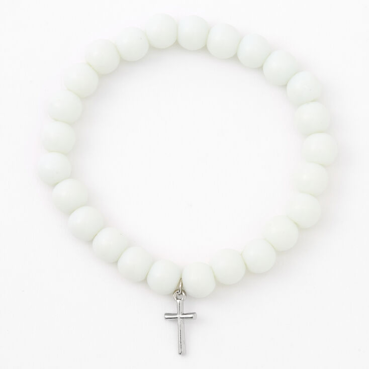 Silver Cross Beaded Stretch Bracelet - White