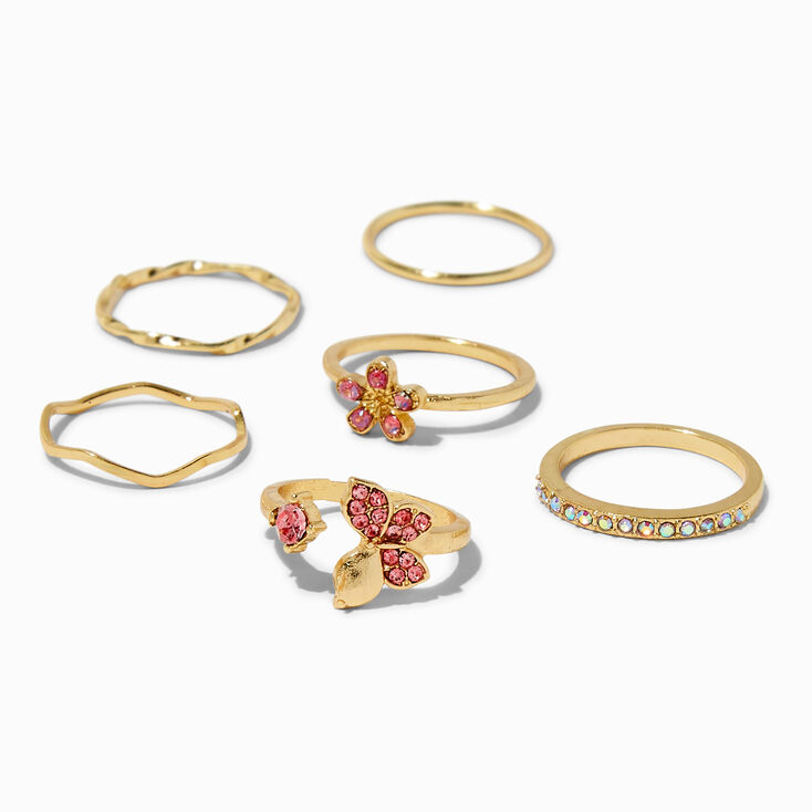 Pink Crystal Butterfly Ring Set - 6 Pack,