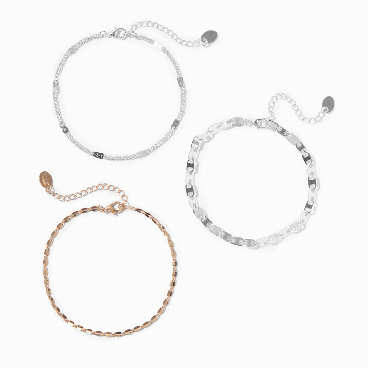 Silver &amp; Gold Mixed Chain Anklets - 3 Pack,
