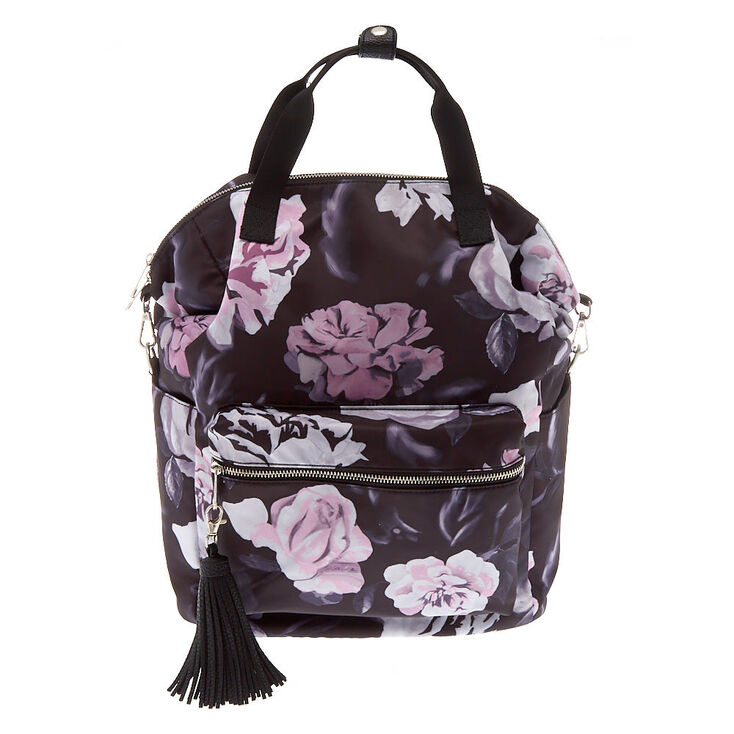 Floral Quilted Double Handle Backpack - Black,