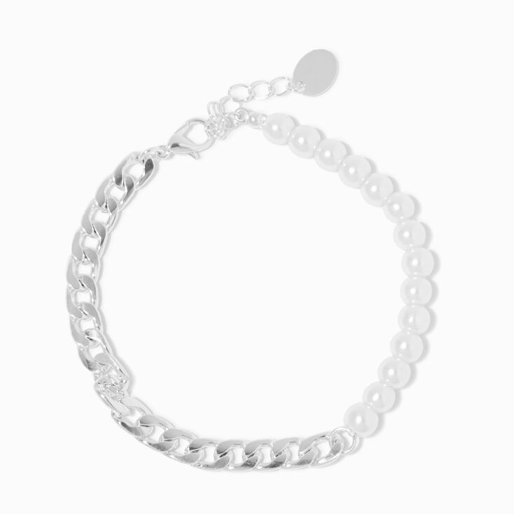 Silver Curb Chain &amp; Pearl Chain Bracelet,