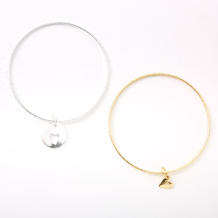 Mother Daughter Matching Heart Charm Bangle Bracelets - 2 Pack,