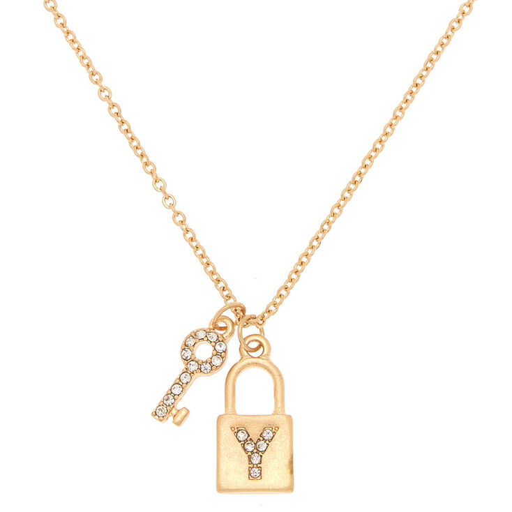 Gold Lock & Key Initial Pendant Necklace - Y,