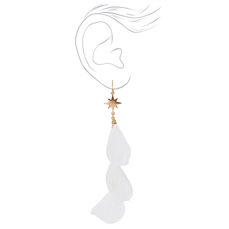White 4&quot; Feather Gold Starburst Drop Earrings,
