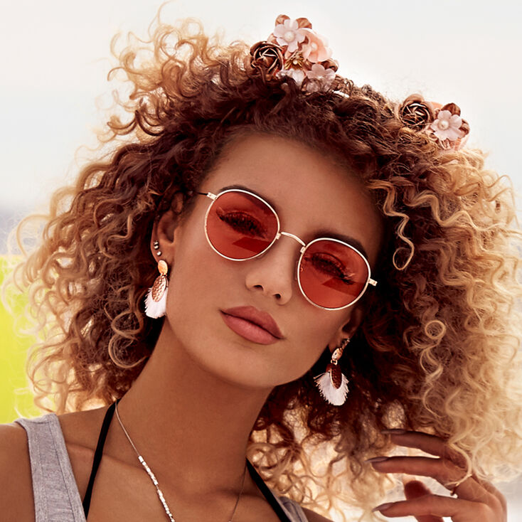 Red Tinted Gold Tone Aviator Sunglasses,