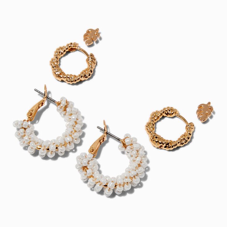 White Beaded Hoops Earring Stackables Set - 3 Pack,