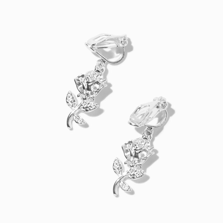 Silver-tone Rose 1&quot; Clip-on Drop Earrings ,