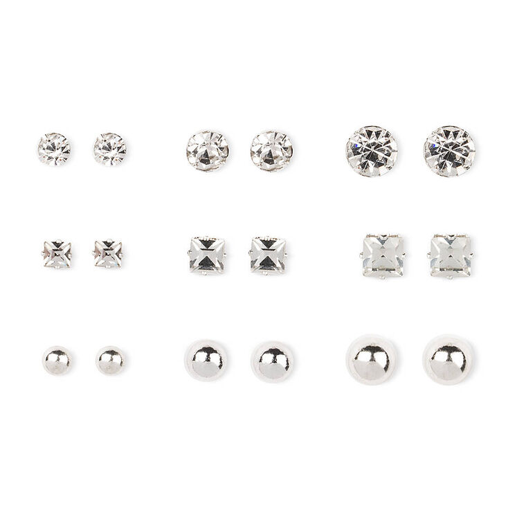 Silver Tone Ball &amp; Glass Stone Stud Earrings,