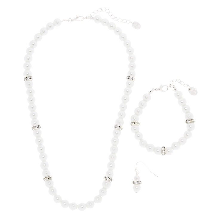 Pearl & Crystals Necklace, Bracelet & Drop Earrings Set,