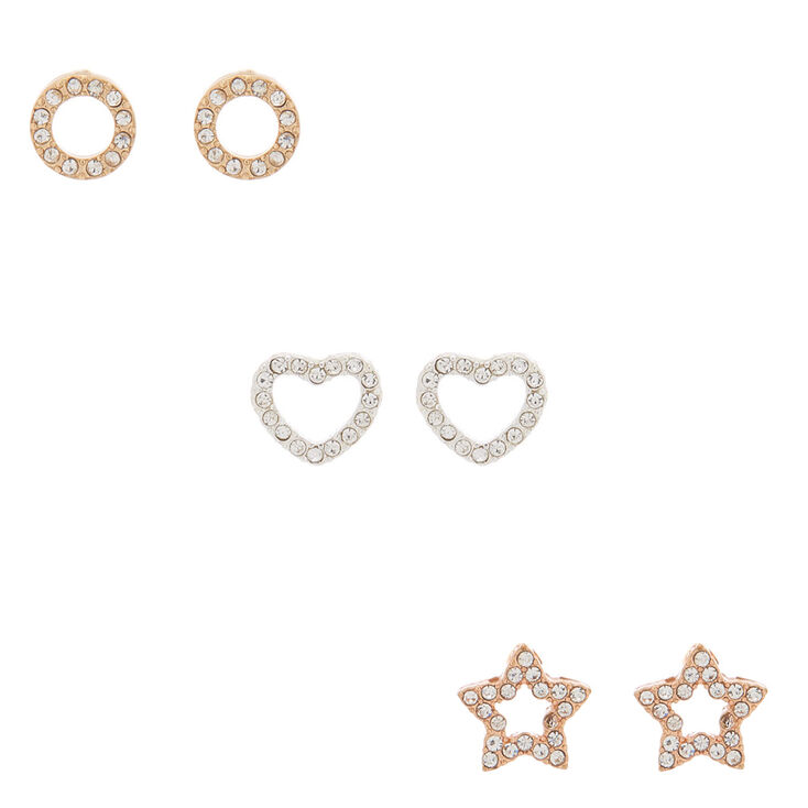 Mixed Metal Crystal Shapes Stud Earrings - 3 Pack,
