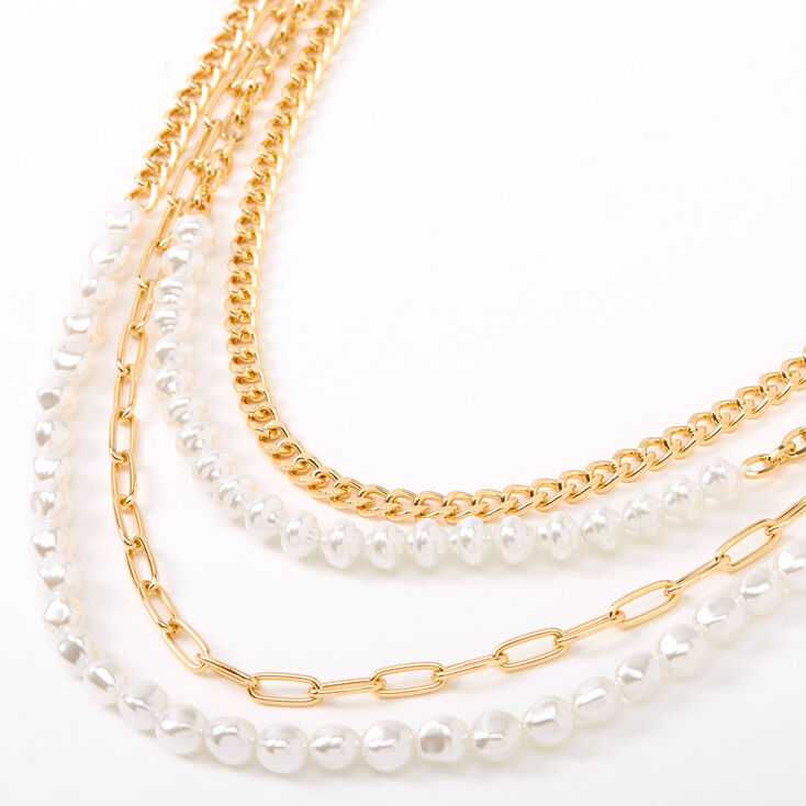 Gold Pearl Chain Multi Strand Necklace,
