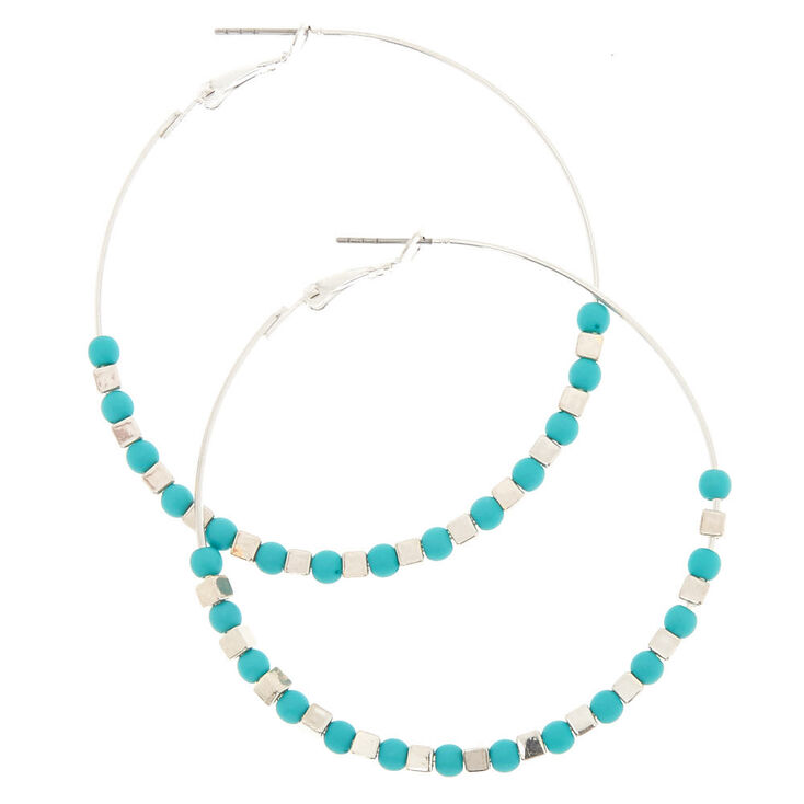 60MM Silver Teal Beaded Hoop Earrings,