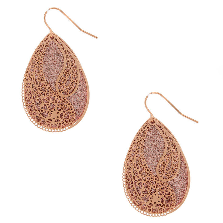 Rose Gold 1.5" Glitter Filigree Drop Earrings,