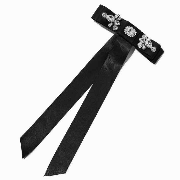 Black Rhinestone Studded Satin Long Tail Hair Bow Clip,