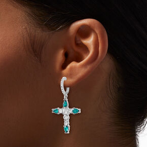 Silver-tone Green Crystal Cross Huggie Hoop 2&quot; Drop Earrings,