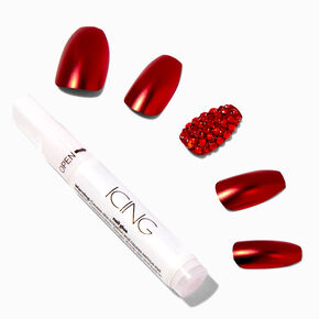 Chrome Red Bling Coffin Vegan Faux Nail Set - 24 Pack,