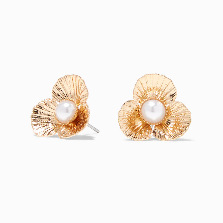 Gold Pearl Flower Stud Earrings,