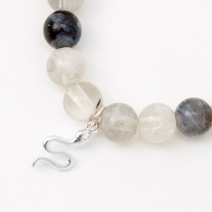 Gray Beaded Silver-tone Snake Charm Stretch Bracelet,