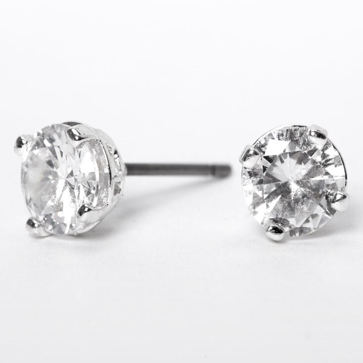 Silver Cubic Zirconia Love Setting Round Stud Earrings - 6MM,