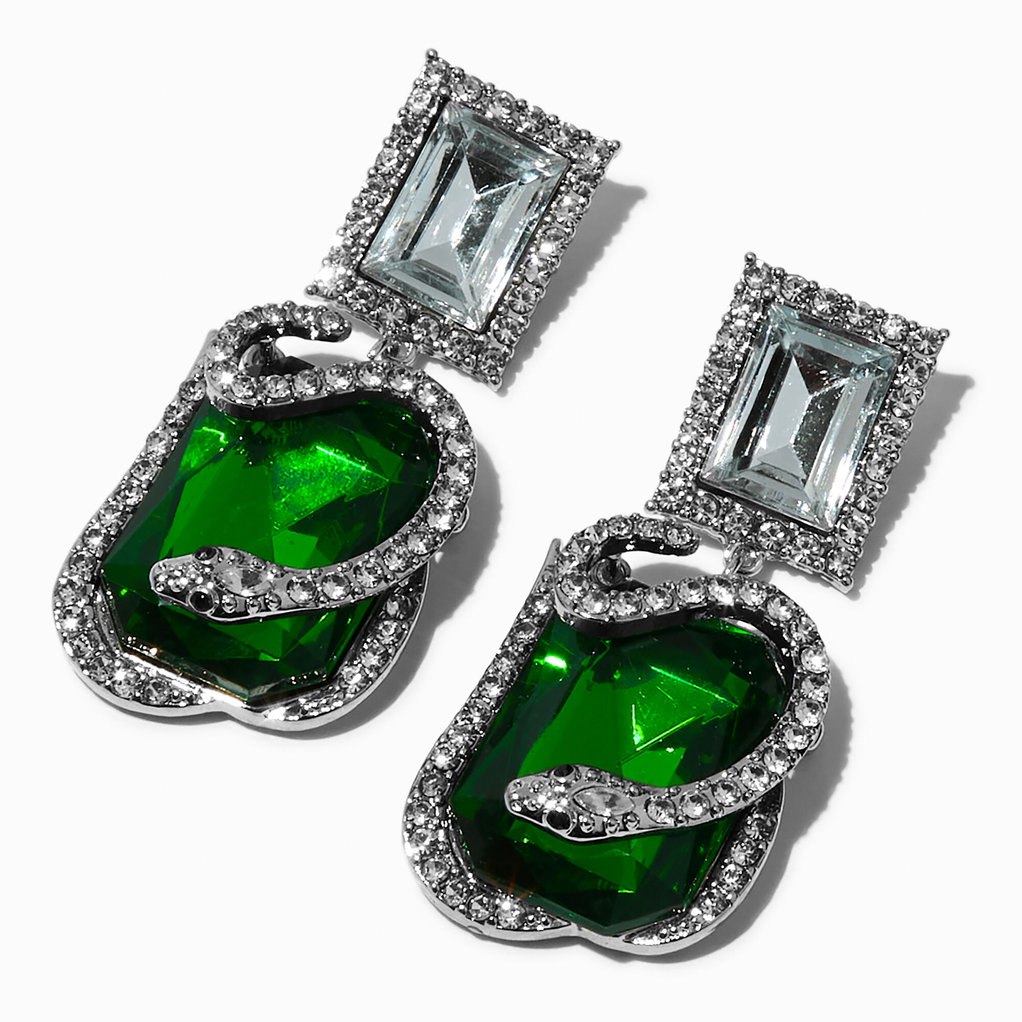 Silver tone Snake Wrapped Green Rhinestone 2 Drop Earrings