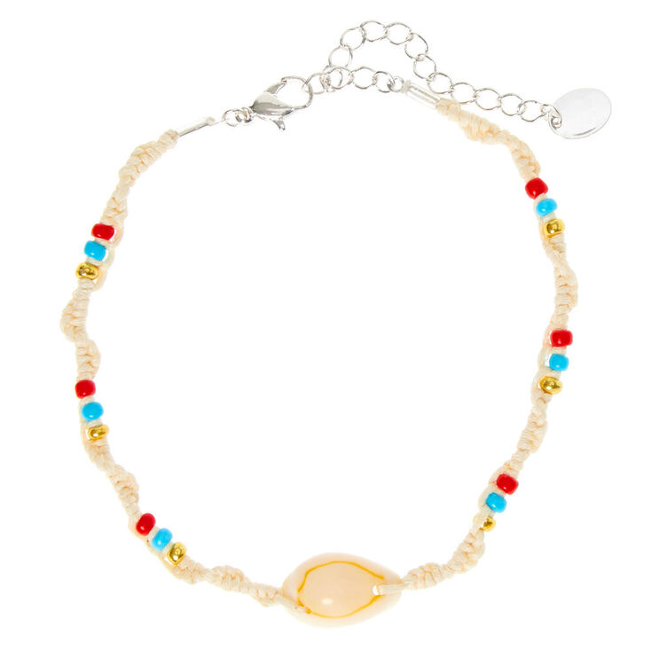 Blue, Red, & Gold Beaded Hemp Cowrie Shell Anklet,